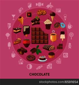 Chocolate round composition on pink background with drink from cacao beans, pastries, candies, icecream flat vector illustration. Chocolate Round Composition