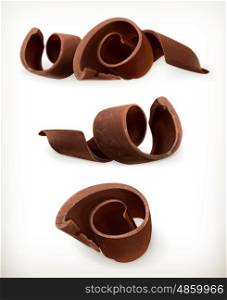 Chocolate shavings, chocolates curl, sweet food, vector icon set isolated on white background
