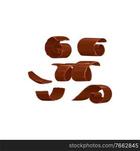 Chocolate shavings or piece curls of milk or dark chocolate, vector isolated icons. Chocolate shavings and spiral rolls, cocoa food and candy sweet dessert. Chocolate shavings, piece curls of milk or dark