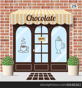 Chocolate shop facade.. Chocolate shop building. Facade of brick. Chocolate sign sticker on window. Vector illustration EPS10