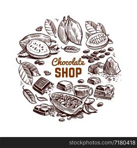 Chocolate shop vector emblem design with sketched cocoa beans and chocolate bars isolated on white background illustration. Chocolate shop vector emblem design with sketched cocoa beans and chocolate bars