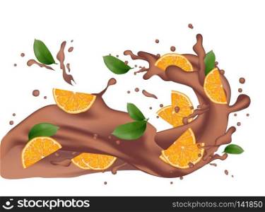 Chocolate splash with orange. Milk chocolate, cacao, coffee. 3d realistic orange slices ripe citrus isolated on white background for packaging or web design. Vector EPS 10.