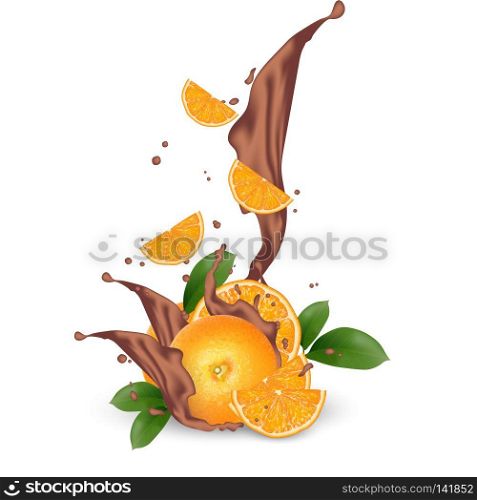 Chocolate splash with orange. Milk chocolate, cacao, coffee. 3d realistic orange slices ripe citrus isolated on white background for packaging or web design. Vector EPS 10.