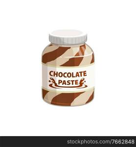 Chocolate spread in jar, cream of hazelnut, cocoa and nougat duo butter paste, vector icon. Chocolate spread or cocoa caramel and hazelnut nougat butter, breakfast food confection and sweet dessert. Chocolate spread jar, cream of hazelnut and cocoa