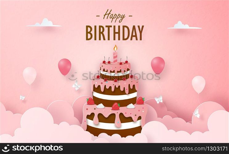 Chocolate Strawberry Cake with balloon on birthday banner card and blank photo flame, Paper cut style