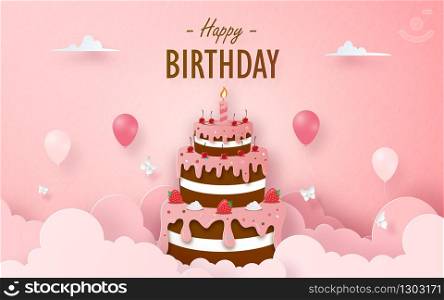 Chocolate Strawberry Cake with balloon on birthday banner card and blank photo flame, Paper cut style