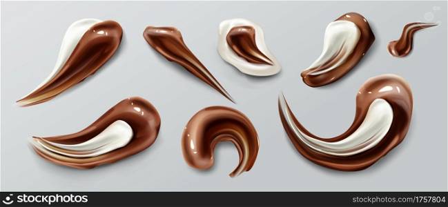 Chocolate strokes, brown white liquid smears, ganache sauce or syrup stains and melt smudges isolated on white background. Sweet food, dark choco traces design elements of realistic texture, 3d vector. Chocolate strokes, brown liquid ganache smears