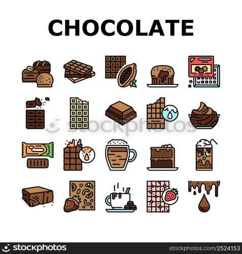 Chocolate Sweet Dessert And Drink Icons Set Vector. Hot And Ice Chocolate Beverage Cup, Cake And Coffee, Caramel And Cream. Cocoa Ingredient Product Nourishment And Snack Color Illustrations. Chocolate Sweet Dessert And Drink Icons Set Vector