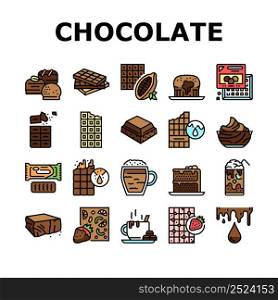 Chocolate Sweet Dessert And Drink Icons Set Vector. Hot And Ice Chocolate Beverage Cup, Cake And Coffee, Caramel And Cream. Cocoa Ingredient Product Nourishment And Snack Color Illustrations. Chocolate Sweet Dessert And Drink Icons Set Vector