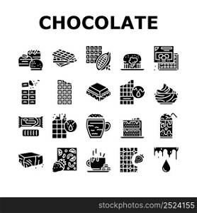Chocolate Sweet Dessert And Drink Icons Set Vector. Hot And Ice Chocolate Beverage Cup, Cake And Coffee, Caramel Cream. Cocoa Ingredient Product Nourishment Snack Glyph Pictograms Black Illustrations. Chocolate Sweet Dessert And Drink Icons Set Vector