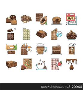 Chocolate Sweet Dessert And Drink Icons Set Vector. Hot And Ice Chocolate Beverage Cup, Cake And Coffee, Caramel And Cream. Cocoa Ingredient Product Nourishment And Snack Color Illustrations. Chocolate Sweet Dessert And Drink Icons Set Vector