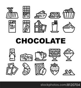 Chocolate Sweet Food And Drink Icons Set Vector. White And Dark Chocolate Bar And Candy, Strawberry And Banana Delicious Cocoa Dessert. Coffee And Milky Beverage Black Contour Illustrations. Chocolate Sweet Food And Drink Icons Set Vector