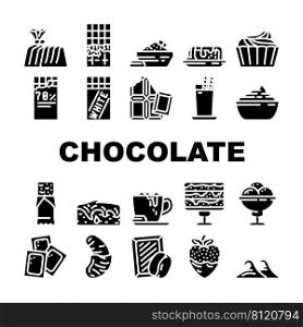 Chocolate Sweet Food And Drink Icons Set Vector. White And Dark Chocolate Bar And Candy, Strawberry And Banana Delicious Cocoa Dessert. Coffee And Milky Beverage Glyph Pictograms Black Illustration. Chocolate Sweet Food And Drink Icons Set Vector