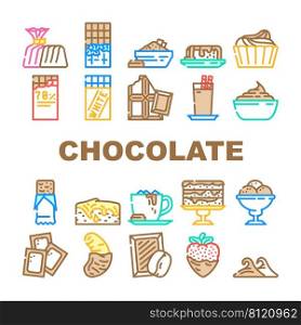 Chocolate Sweet Food And Drink Icons Set Vector. White And Dark Chocolate Bar And Candy, Strawberry And Banana Delicious Cocoa Dessert. Coffee And Milky Beverage Color Illustrations. Chocolate Sweet Food And Drink Icons Set Vector