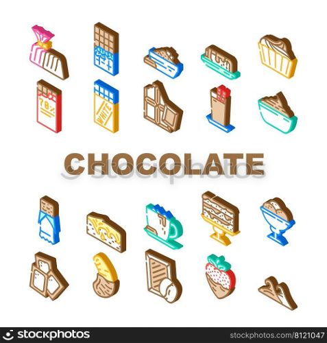 Chocolate Sweet Food And Drink Icons Set Vector. White And Dark Chocolate Bar And Candy, Strawberry And Banana Delicious Cocoa Dessert. Coffee And Milky Beverage Isometric Sign Color Illustrations. Chocolate Sweet Food And Drink Icons Set Vector