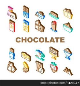 Chocolate Sweet Food And Drink Icons Set Vector. White And Dark Chocolate Bar And Candy, Strawberry And Banana Delicious Cocoa Dessert. Coffee And Milky Beverage Isometric Sign Color Illustrations. Chocolate Sweet Food And Drink Icons Set Vector