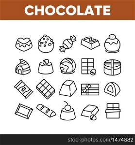 Chocolate Sweet Food Collection Icons Set Vector. Chocolate Candy And Cake, Pie With Cherry And Hazelnut Delicious Dessert Concept Linear Pictograms. Monochrome Contour Illustrations. Chocolate Sweet Food Collection Icons Set Vector