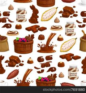 Chocolate sweets, pastry and drinks seamless pattern. Cartoon vector cake with berries and cookies, cacao tree fruit, candies and rabbit, chocolate chips, chunks and splash of melted chocolate, paste. Cartoon chocolate sweets vector seamless pattern