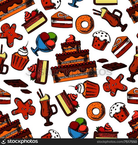 Chocolate treats seamless pattern background of delicious tiered cakes and cupcakes with fruits and cream, glazed raisin muffins and donuts, sundae ice cream and irish coffee, gingerbread men cookies and chocolate bars. Chocolate desserts and pastries seamless pattern