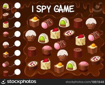 Chocolate truffle, roasted nuts candy, praline sweets kids spy game. Vector educational puzzle, how many sweet desserts task for baby numeracy and attention skills development, cartoon riddle page. Chocolate truffle, nuts candy, sweets spy game