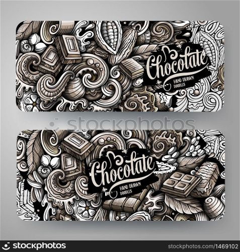 Chocolate vector hand drawn doodle banners design. Monochrome cartoon background. Sweets 2 flyers templates set.. Chocolate vector hand drawn doodle banners design.