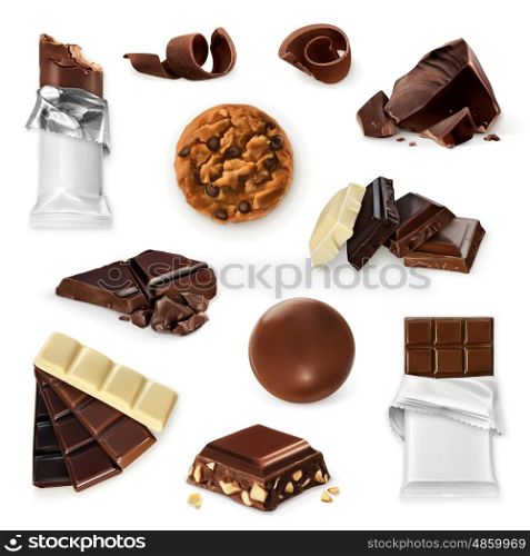 Chocolate, vector icon set. Different kinds of cacao products: energy bar, candy, chocolate pieces, slices, shavings, cookie. Delicious collection for dessert, advertising illustration for sweet shop