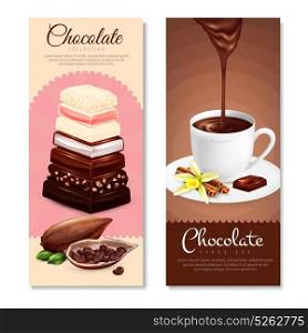 Chocolate Vertical Banners Set. Chocolate collection vertical cartoon banners set with chocolate types symbols isolated vector illustration