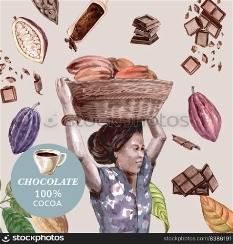 chocolate watercolor ingredients making chocolate bakery, egg, butter , illustration design