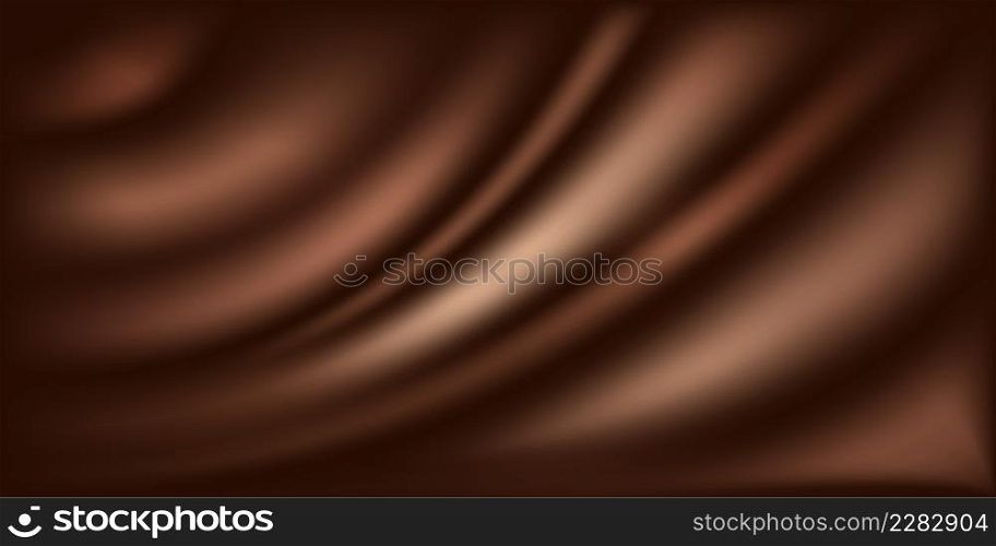Chocolate wave background. Dark brown color flow gradent, milk chocolate cream texture. Smooth wavy swirl satin. Abstract vector illustration