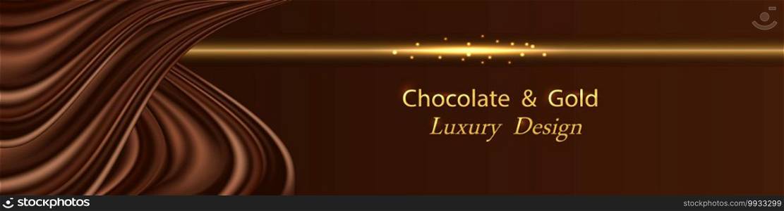 Chocolate wave silk luxury background with golden glowing border line.  Dark brown chocolate satin curtain and gold, Banner design, vector illustration