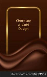 Chocolate wave silk luxury background with golden glowing border line.  Dark brown chocolate satin curtain and gold, Banner or poster design, vector illustration