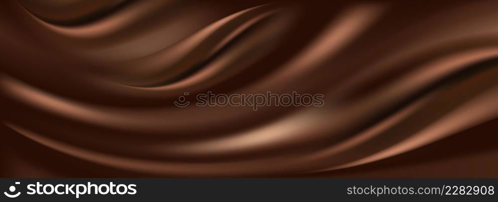 Chocolate wavy background. MIlk chocolate cream, dark brown color flowing liquid, smooth silk texture. Swirl flowing waves. Abstract vector illustration