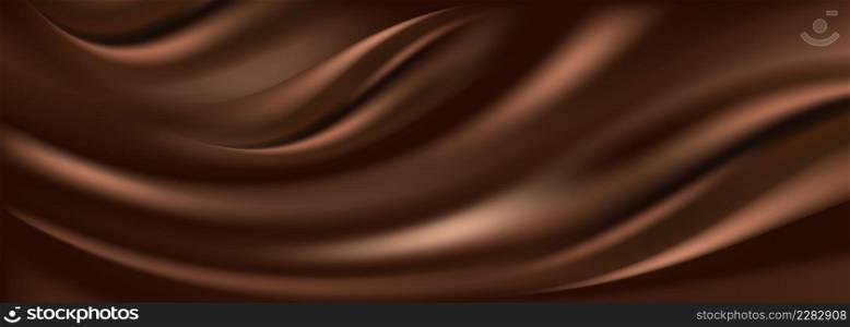 Chocolate wavy background. MIlk chocolate cream, dark brown color flowing liquid, smooth silk texture. Swirl flowing waves. Abstract vector illustration