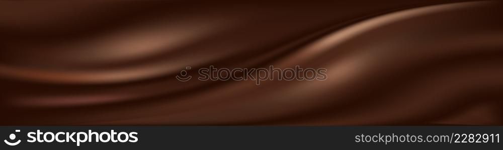 Chocolate wavy background. MIlk chocolate cream, dark brown color flowing liquid, smooth silk texture. Swirl flowing waves. Abstract vector illustration