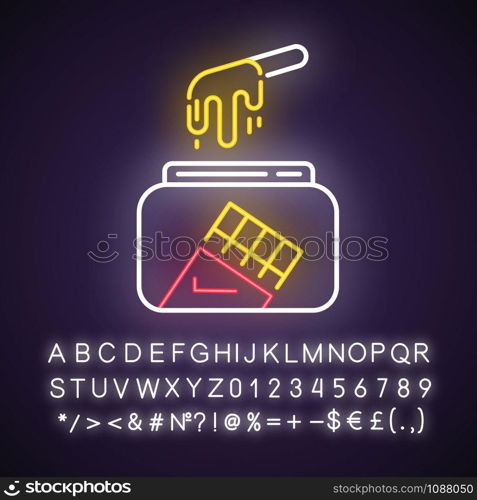 Chocolate waxing neon light icon. Natural soft cold wax in jar with spatula. Hair removal equipment. Tools for depilation. Glowing sign with alphabet, numbers and symbols. Vector isolated illustration