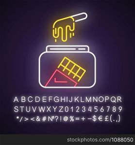 Chocolate waxing neon light icon. Natural soft cold wax in jar with spatula. Hair removal equipment. Tools for depilation. Glowing sign with alphabet, numbers and symbols. Vector isolated illustration