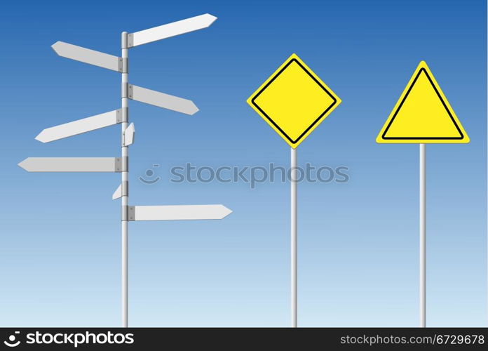 Choice and warning concept. Blank direction signpost and guard road posts on blue sky background.