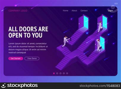 Choice, career ladder isometric landing page. Business opportunity, way to success. Businessman choose doors on stairs, decision, solution for job or life path. Monty hall problem 3d vector web banner. Choice, career ladder isometric landing page.
