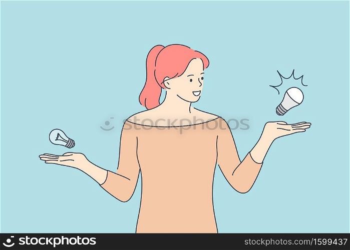 Choice, ecology, energy, recycling concept. Young happy smiling woman girl cartoon character standing and comparing energy saving light bulb with incandescent l&. Eco living lifestyle illustration.. Choice, ecology, energy, recycling concept