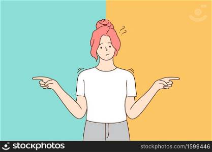 Choice, thinking, doubt, problem concept. Young pensive thoughtful confused doubtful woman girl cartoon character standing and choosing between two colors or ways pointing in other sides illustration.. Choice, thinking, doubt, problem concept