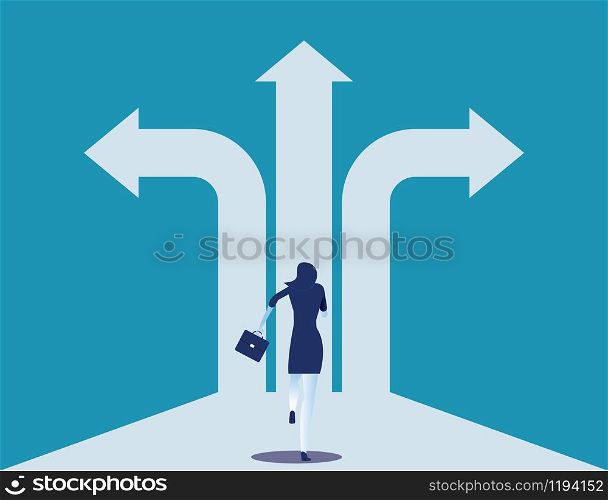 Choice way. Businesswoman with crossroads and decision to success. Concept business decision vector illustration.