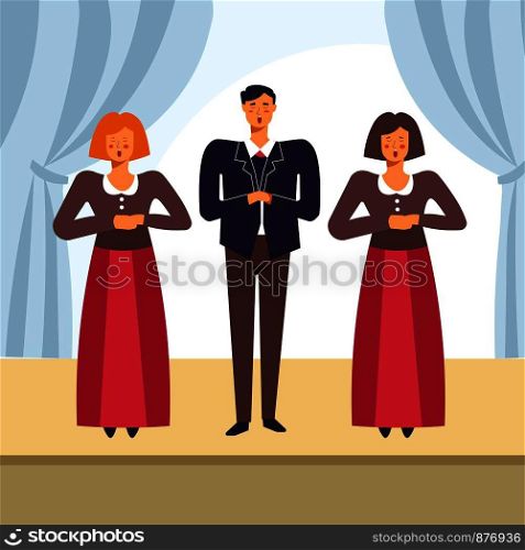 Choir people singing on opera stage or classical concert. Vector man and woman singers in costumes on theater drapery curtains background. Choir people singing on vector opera stage