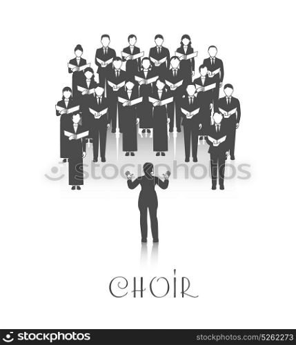 Choir Peroforrmance Black Image . Classic choir performance with sheet music led by conductor dressed in black on white background vector illustration