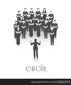Choir Peroforrmance Black Image . Classic choir performance with sheet music led by conductor dressed in black on white background vector illustration