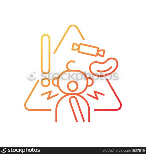 Choking hazard foods gradient linear vector icon. Child safety at home. Prohibited food products for toddlers. Thin line color symbol. Modern style pictogram. Vector isolated outline drawing. Choking hazard foods gradient linear vector icon