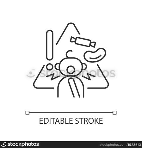 Choking hazard foods linear icon. Child safety at home. Trauma and suffocation prevention. Thin line customizable illustration. Contour symbol. Vector isolated outline drawing. Editable stroke. Choking hazard foods linear icon