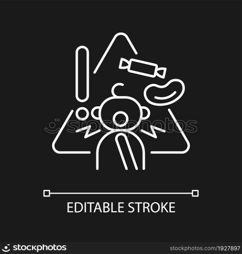 Choking hazard foods white linear icon for dark theme. Child safety at home. Trauma prevention. Thin line customizable illustration. Isolated vector contour symbol for night mode. Editable stroke. Choking hazard foods white linear icon for dark theme