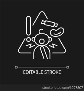 Choking hazard foods white linear icon for dark theme. Child safety at home. Trauma prevention. Thin line customizable illustration. Isolated vector contour symbol for night mode. Editable stroke. Choking hazard foods white linear icon for dark theme
