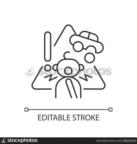 Choking hazard toys linear icon. Child safety at home. Age restrictions for kids. Thin line customizable illustration. Contour symbol. Vector isolated outline drawing. Editable stroke. Choking hazard toys linear icon