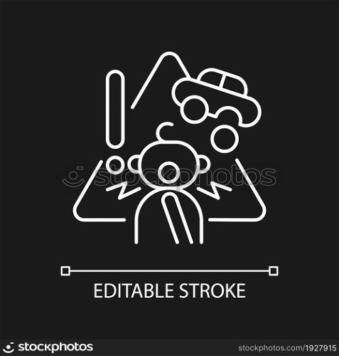 Choking hazard toys white linear icon for dark theme. Child safety. Age restrictions for kids. Thin line customizable illustration. Isolated vector contour symbol for night mode. Editable stroke. Choking hazard toys white linear icon for dark theme